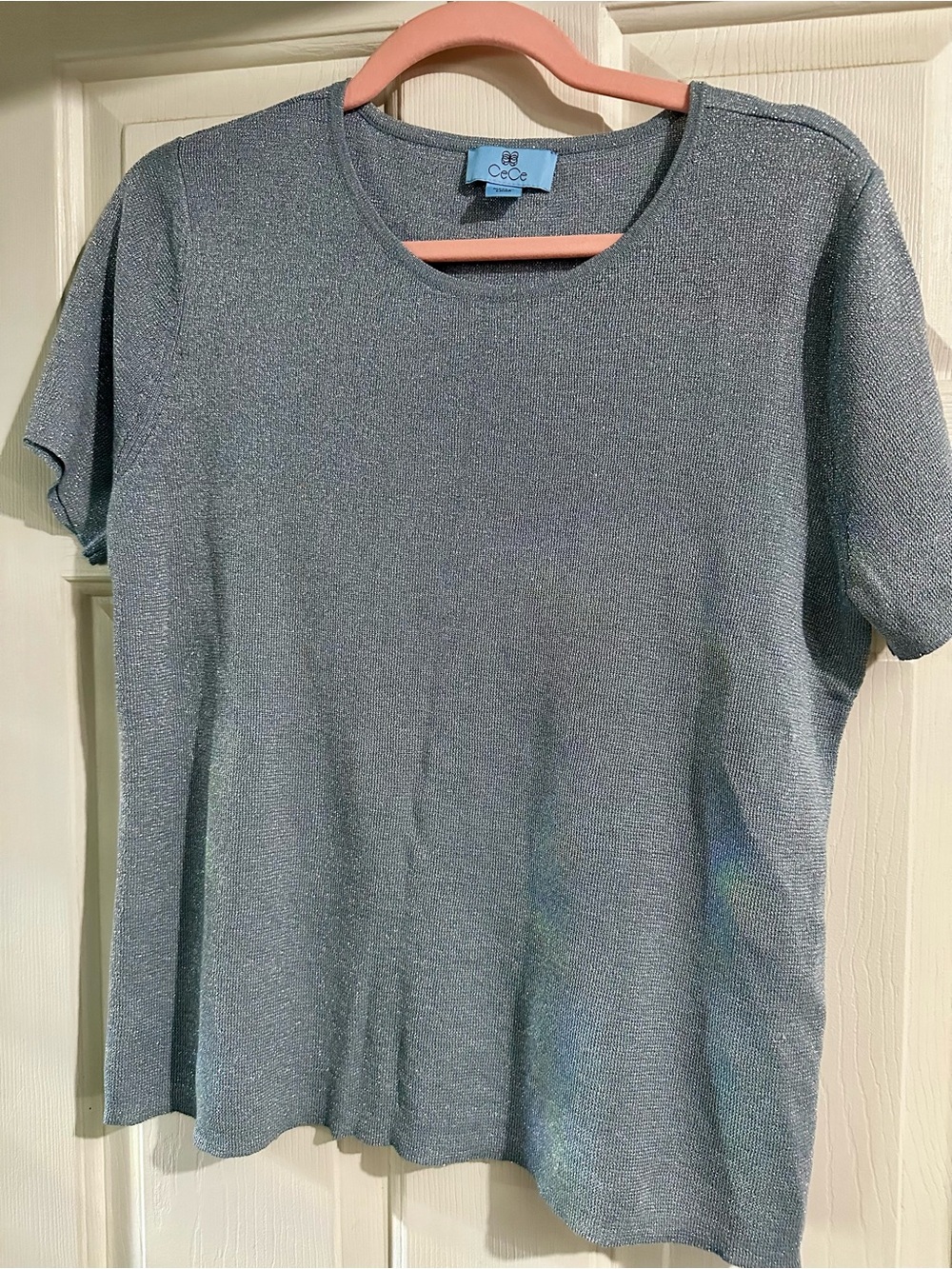 CeCe Light Blue Metallic Knit Short Sleeve Top